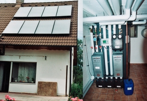Einfamilienhaus in Königsbrunn, Kollektor: BUDERUS SKN 3.0, Kollektorfläche: 19m², Speicher: OSKAR Schichtenspeicher, Speichervolumen: 1.300 Liter, Solardeckung: ca. 35 Prozent, Restheizung: Gasbrennwertkessel, Besonderheit: Der Schichtenspeicher wurde im Keller zusammengebaut, da die Türbreite schmaler als der Speicherdurchmesser war.
