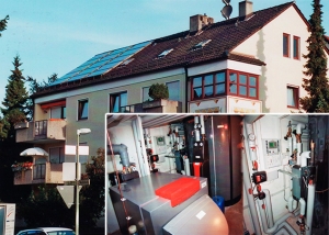 7-Familienhaus in Augsburg, Kollektor: Citrin Solar CS 100F, Kollektorfläche: 32m², Speicher: OSKAR Schichtenspeicher, Speichervolumen: 2.000 Liter, Solardeckung: ca. 30 Prozent, Restheizung: Ölbrennwertkessel, Besonderheit: Diese Solaranlage wurde mit der doppelten Solarförderung (Innovationsbonus) gefördert. Der OSKAR Speicher fungiert als Führungsspeicher und verwaltet alle Wärmeströme. Der Warmwasserbereitung erfolgt mittels legionellenfreier Frischwassertechnik.