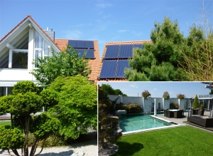 Einfamilienhaus in Wehringen, Kollektor: BUDERUS SKS 4.0, Kollektorfläche: 38m², Speicher: OSKAR Schichtenspeicher, Speichervolumen: 1.000 Liter, Solardeckung: ca. 35 Prozent, Restheizung: Gasbrennwertheizung, Besonderheit: Diese Solaranlage wurde mit 2 Kollektorflächen auf dem Garagendach und dem Hausdach gekoppelt. Der OSKAR Speicher fungiert als Führungsspeicher und verwaltet alle Wärmeströme. Im Sommer beheizt die Solaranlage den Schwimmteich mit 140.000 Liter.